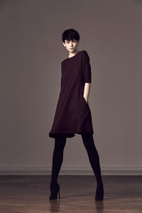 Mixed wool A-Line 3/4 sleeves Dress - One-of-a-kind
