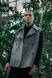 Gender-neutral Marbled Kobe Pea-coat with faux shearling sleeves
