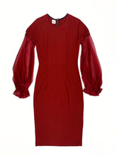 Load image into Gallery viewer, Red Wine Jersey Dress with Organza Sleeves - One-of-a-kind
