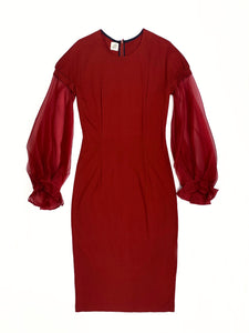 Red Wine Jersey Dress with Organza Sleeves - One-of-a-kind