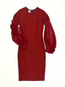 Red Wine Jersey Dress with Organza Sleeves - One-of-a-kind