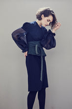Load image into Gallery viewer, Blue Reversible Wrap Wool Blend Tweed Corset Belt
